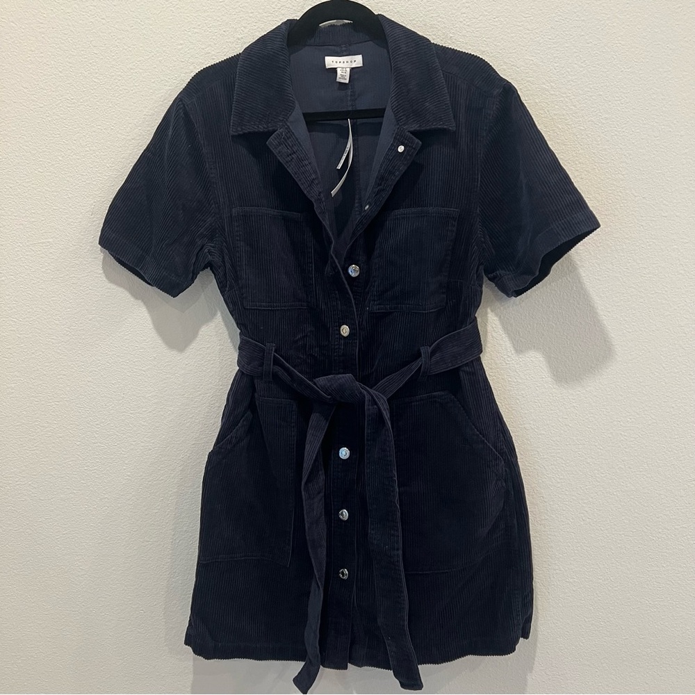 TopShop Dress Corduroy Warm Belted Blue Classic Preppy Academia size US 10